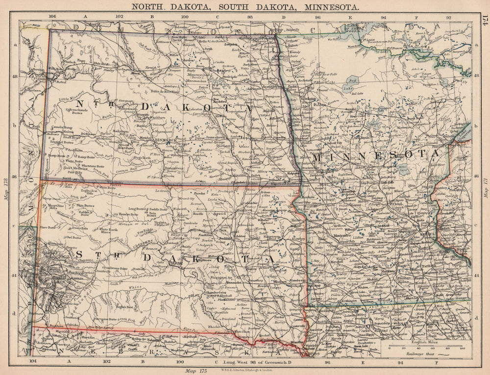 USA PLAINS STATES. North Dakota South Dakota Minnesota. Railroads 1906 old map