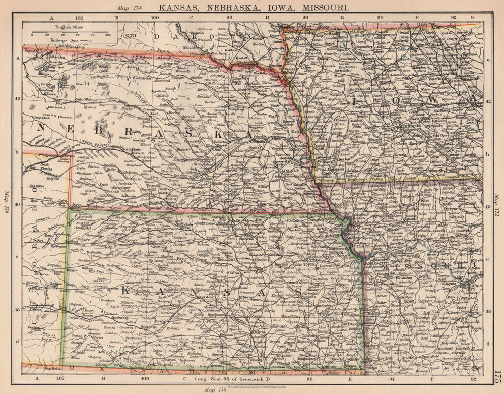 MIDWESTERN USA. Kansas Nebraska Iowa Missouri. Railroads. JOHNSTON 1906 map