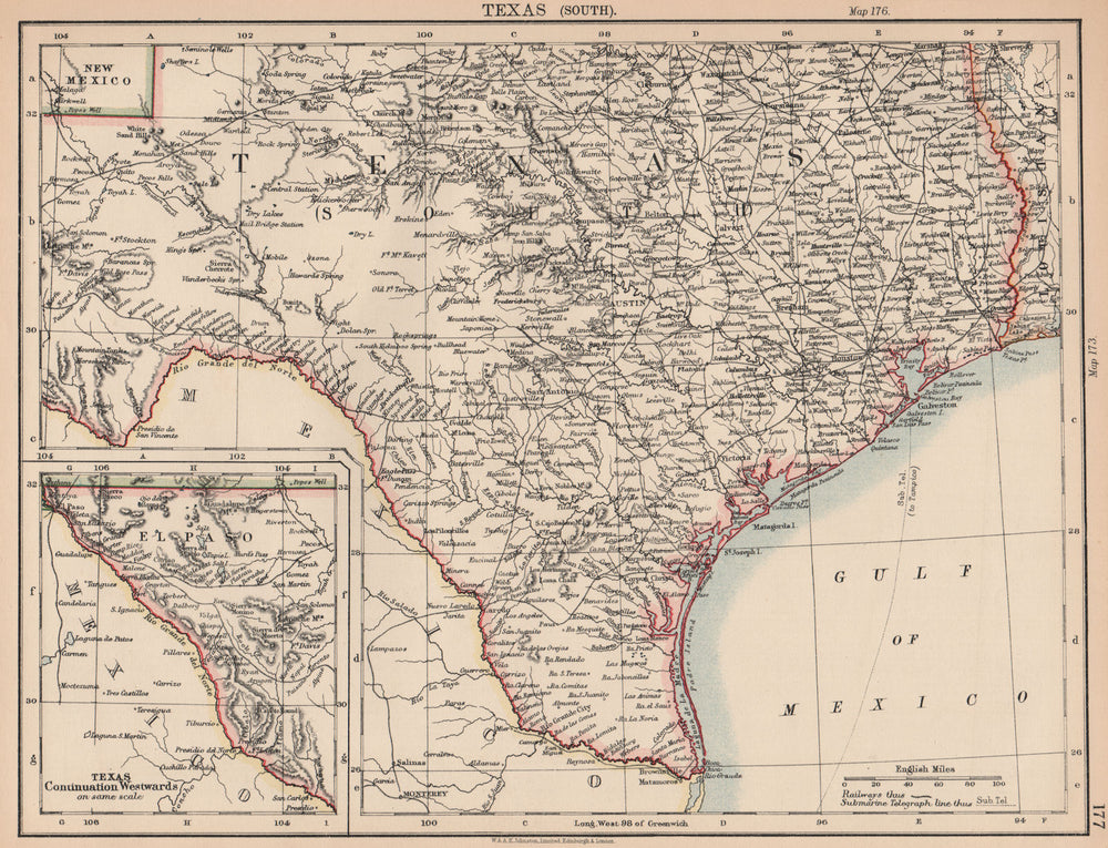 SOUTH TEXAS. Showing railroads & Telegraph Cable. JOHNSTON 1906 old map