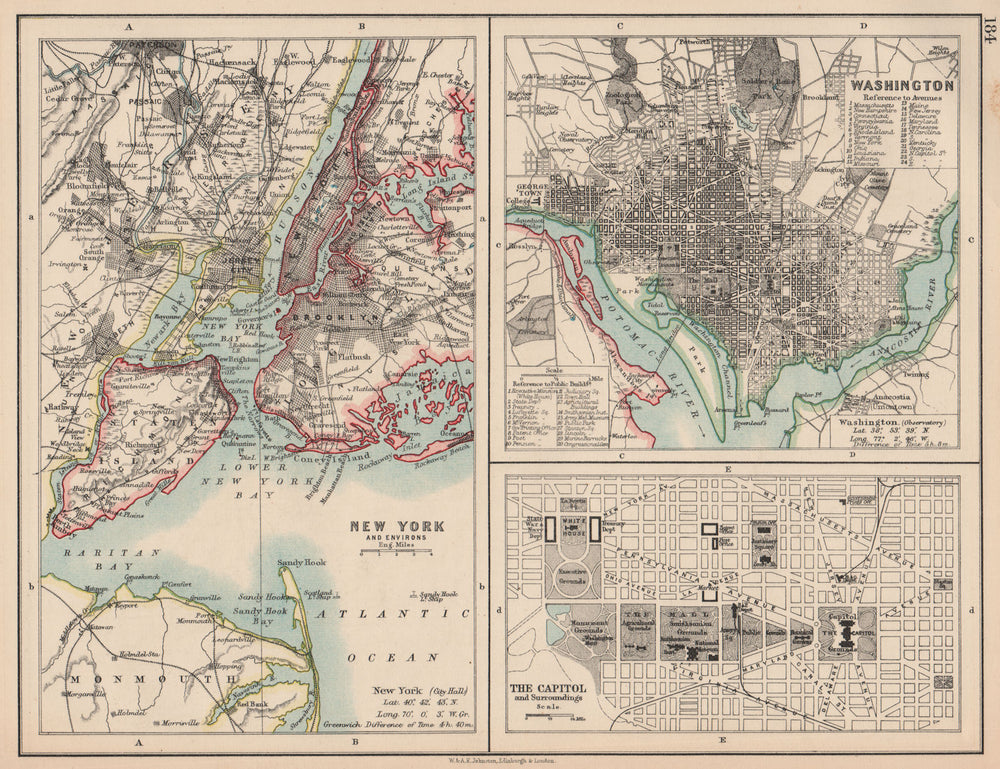 USA CITIES. New York City. Washington DC. The Capitol. JOHNSTON 1906 old map