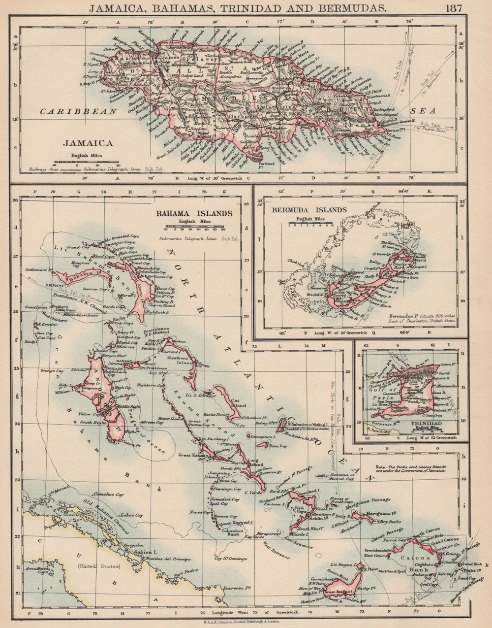 CARIBBEAN/ATLANTIC ISLANDS. Jamaica Bermuda Bahamas Trinidad. JOHNSTON 1906 map