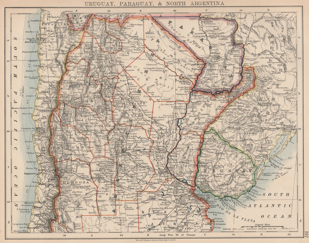 URUGUAY PARAGUAY NORTH ARGENTINA.Pre-Chaco War borders.Chile.JOHNSTON 1906 map