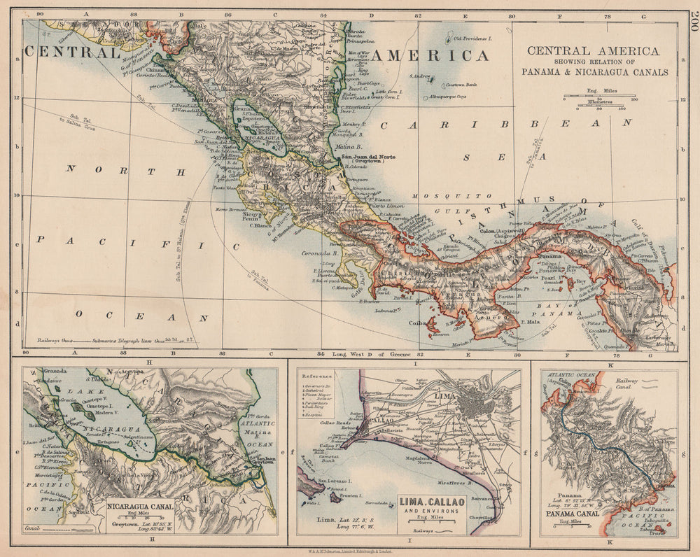 CENT.AMERICA.Panama Nicaragua Canals.Lima Callao Costa Rica.JOHNSTON 1906 map