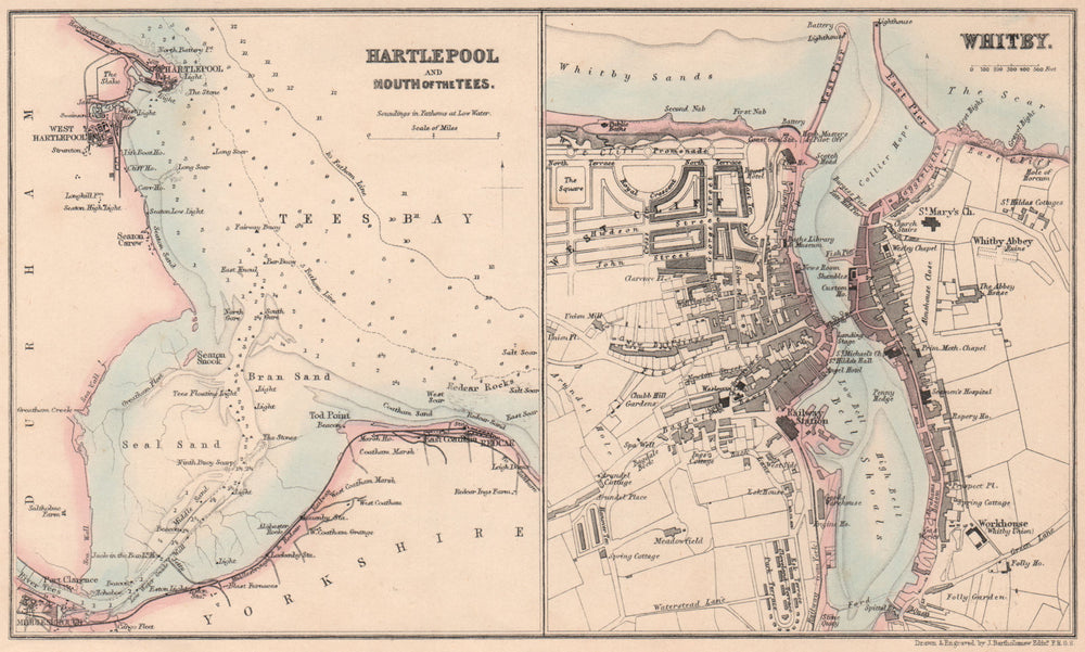 NE ENGLAND PORTS.Whitby.Hartlepool Teesmouth Middlesbrough.BARTHOLOMEW 1865 map