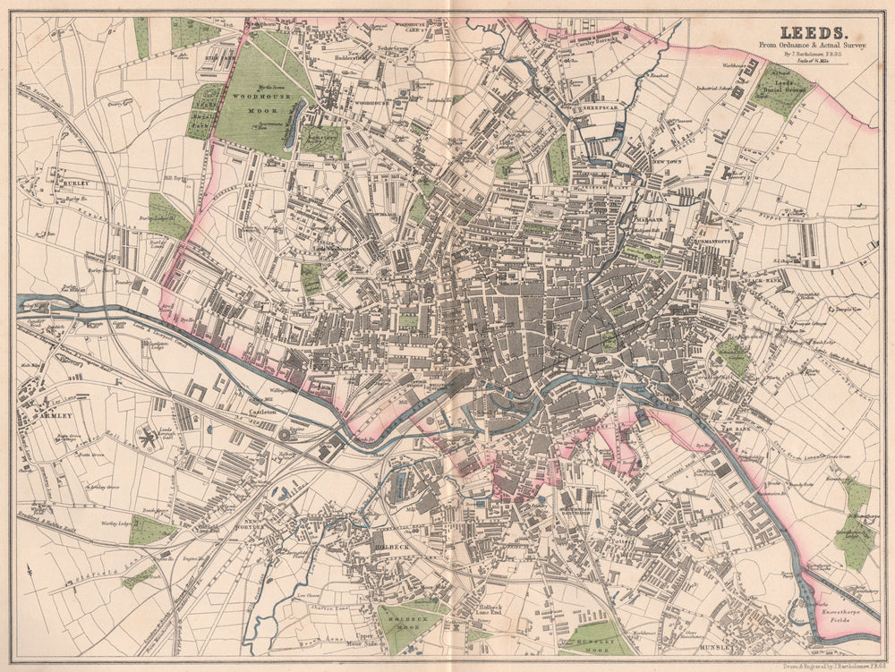 LEEDS. Antique town city plan. Yorkshire. BARTHOLOMEW 1865 old map