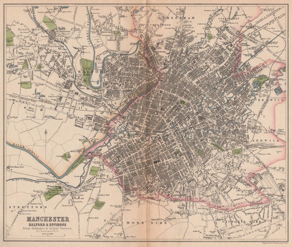 MANCHESTER. Antique town city plan. Salford. BARTHOLOMEW 1865 old map