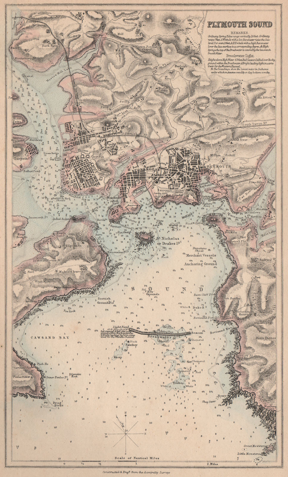 PLYMOUTH SOUND.Antique sea chart & town plan.Devonport Stonehouse.Devon 1865 map