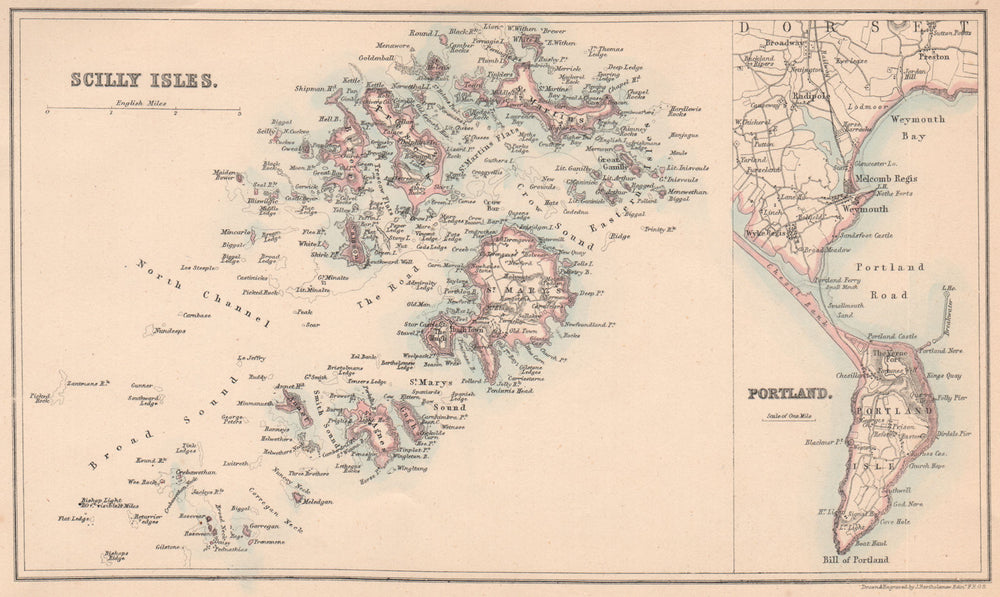 SCILLY ISLES & PORTLAND.Antique chart.Weymouth St Marys &c.BARTHOLOMEW 1865 map