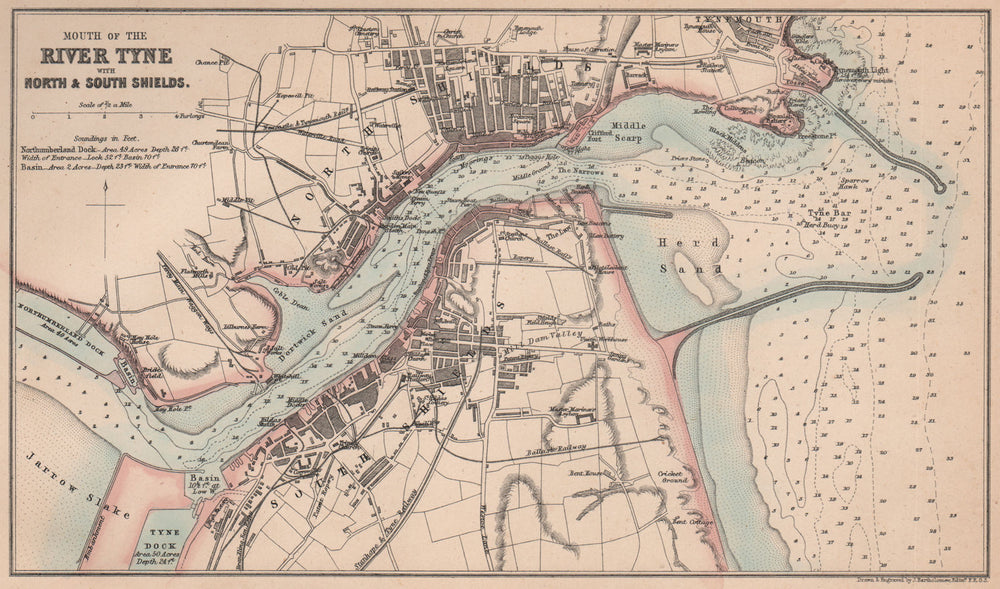 TYNESIDE.North & South Shields.Antique town plan.Tyne mouth.BARTHOLOMEW 1865 map