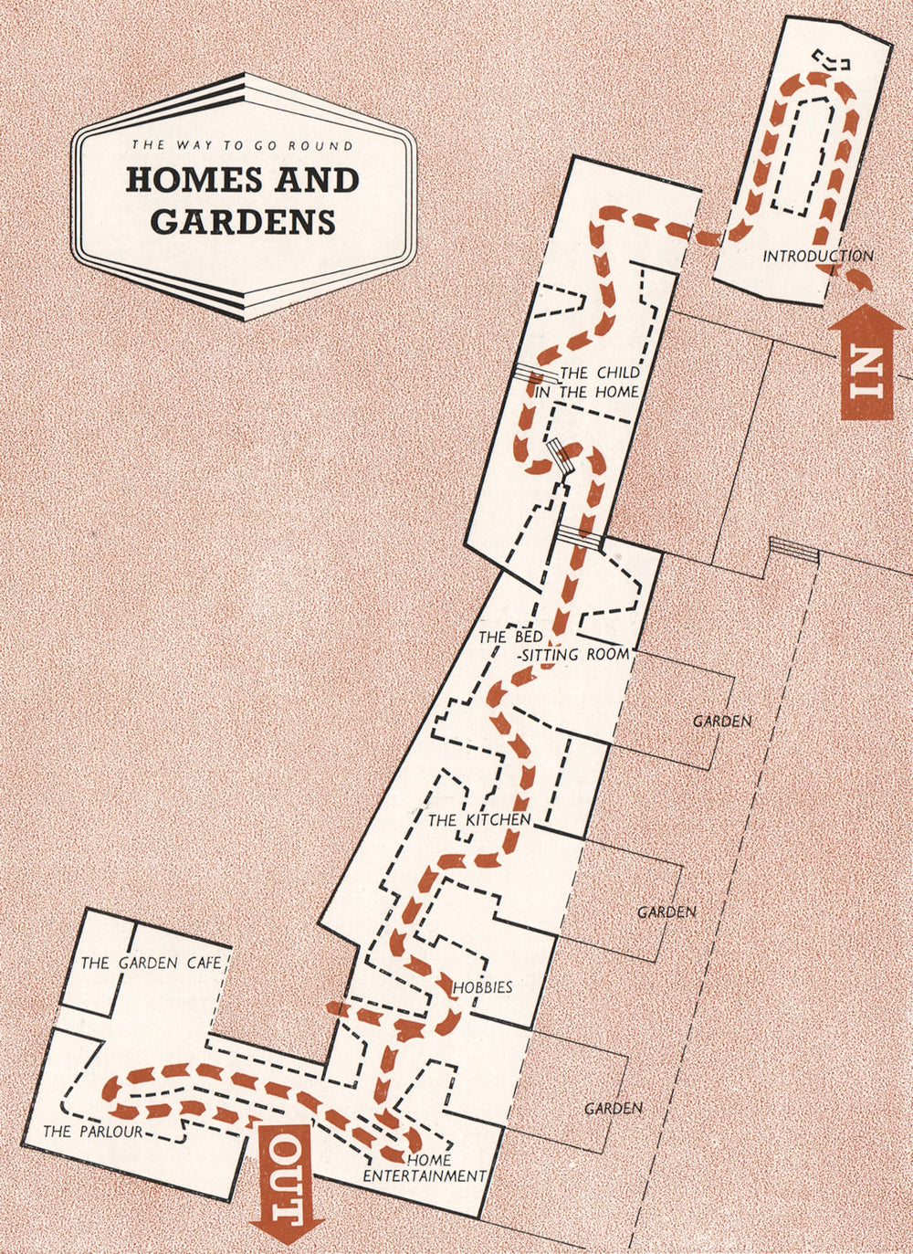 FESTIVAL OF BRITAIN. Homes and Gardens exhibit. Tour plan 1951 old vintage map