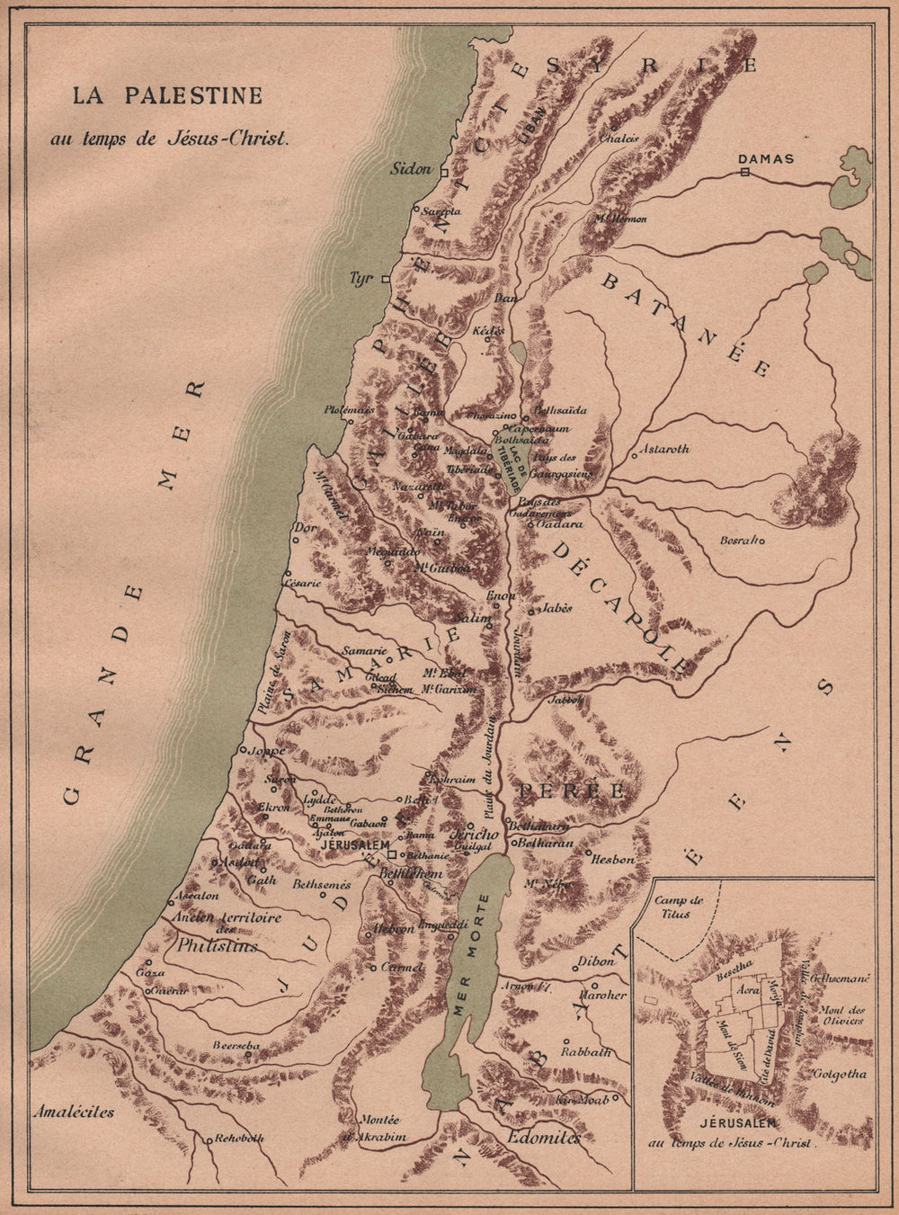 PALESTINE 0AD. At the time of Jesus Christ. Inset Jérusalem 1887 old map