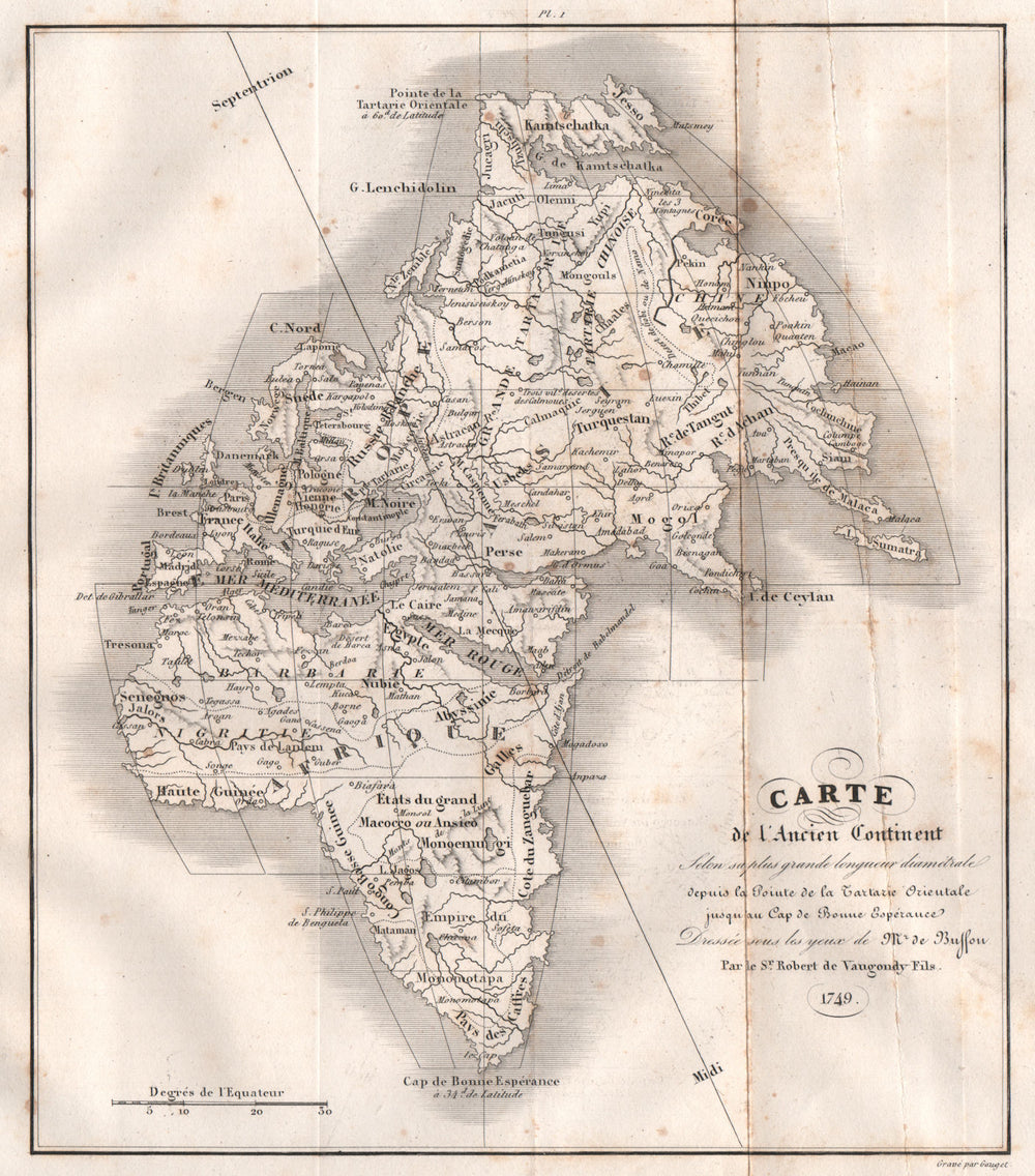 EASTERN HEMISPHERE. "Ancien Continent" Europe Asia Africa 1749 VAUGONDY 1837 map