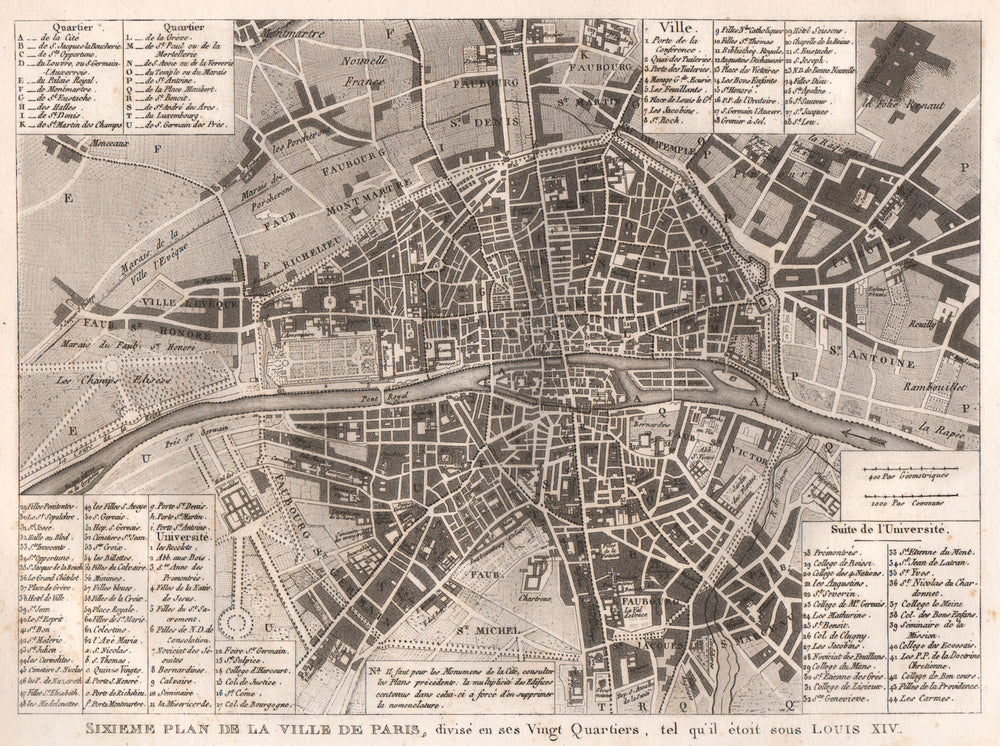 VILLE DE PARIS c1715. Divisé en 20 quartiers sous Louis XIV. City plan 1808 map