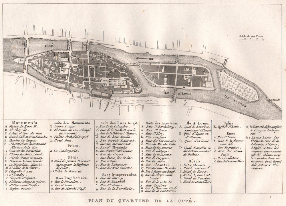 PARIS."Cité".Plan du Quartier.Île St Louis Notre Dame.1e 4e.Aquatint 1808 map