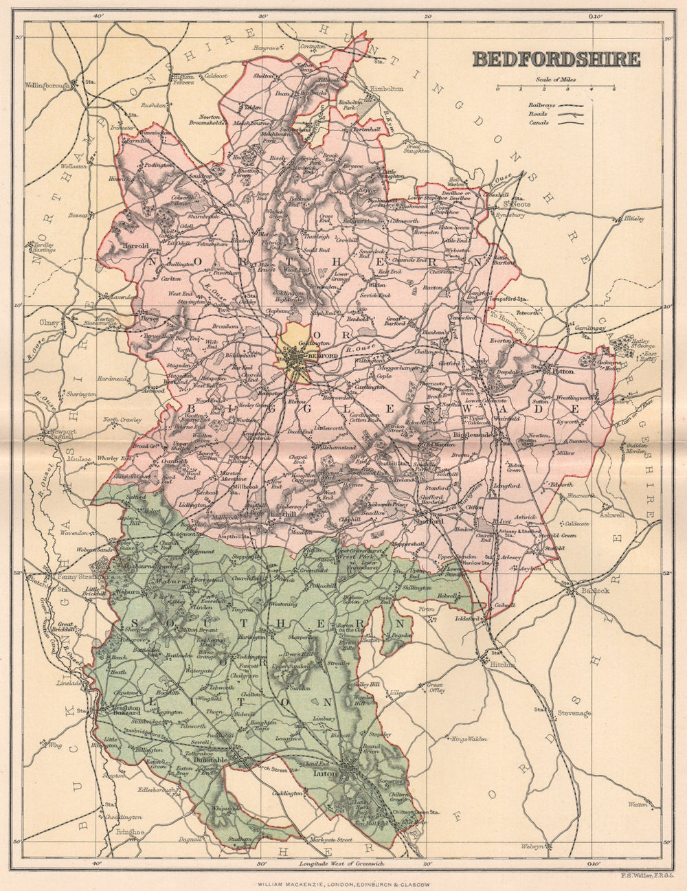BEDFORDSHIRE. Antique county map 1893 old vintage plan chart