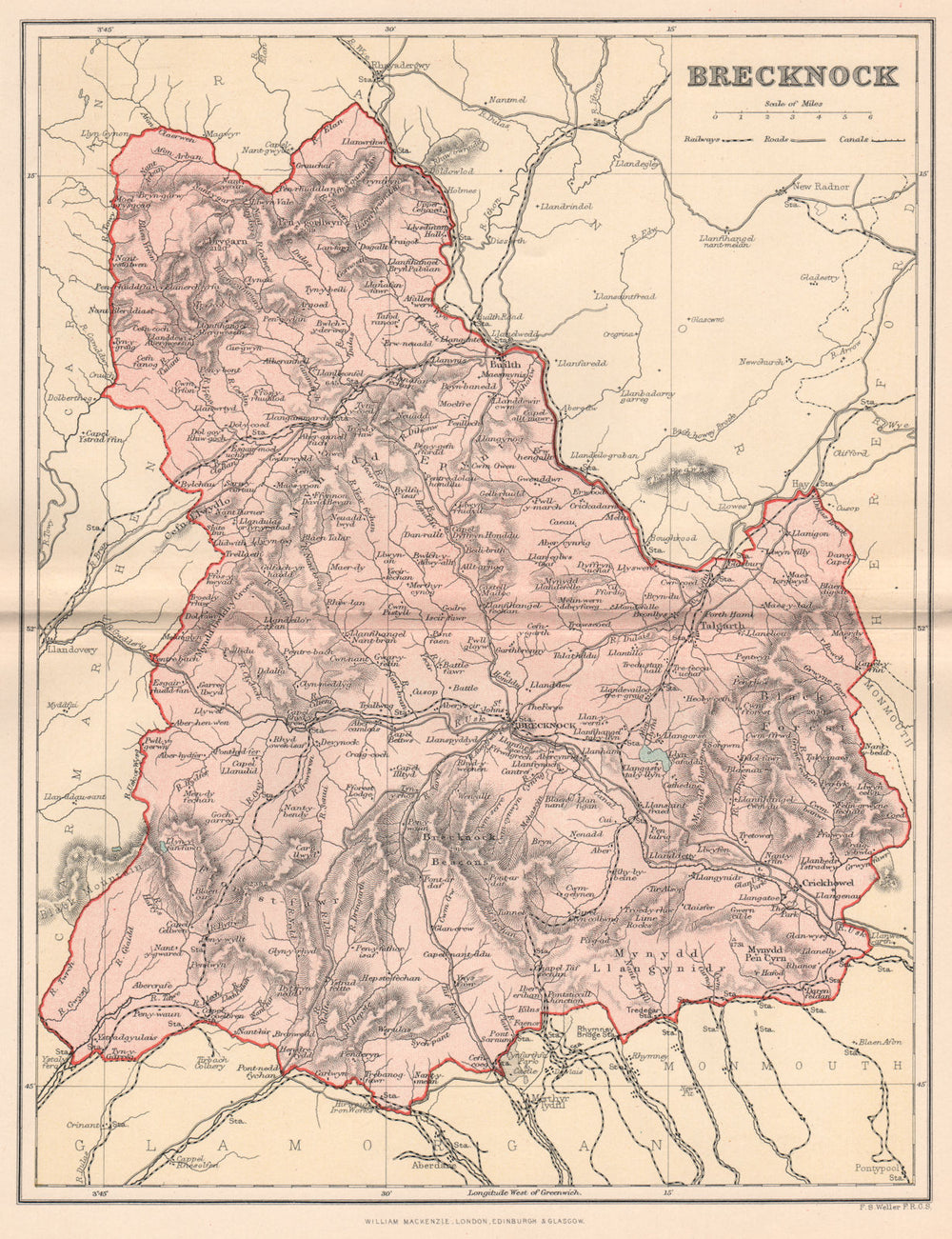 BRECKNOCKSHIRE. Antique county map. Wales 1893 old plan chart