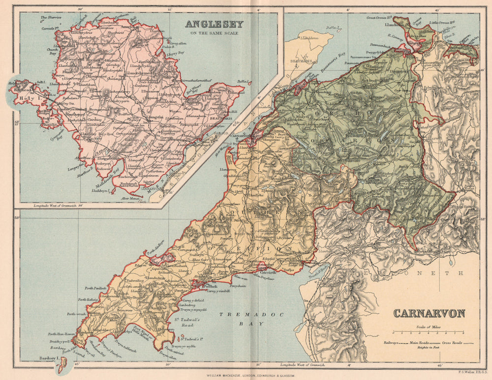 CARNARVONSHIRE; INSET MAP OF ANGLESEY. Antique county map. Wales 1893 old