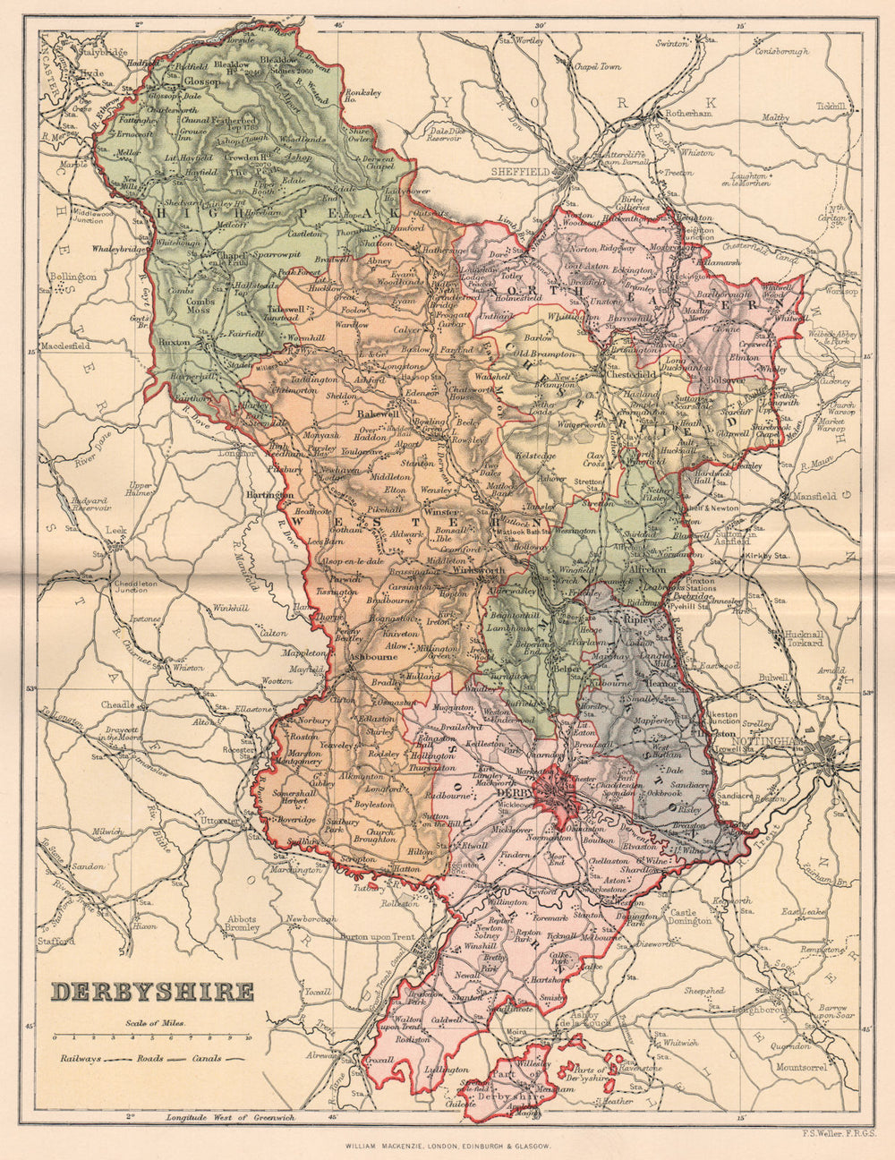 DERBYSHIRE . Antique county map 1893 old vintage plan chart