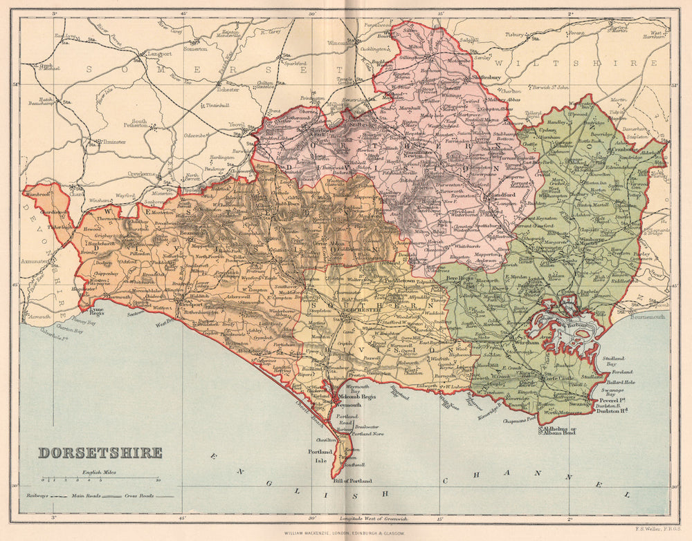 DORSETSHIRE. Antique county map 1893 old vintage plan chart