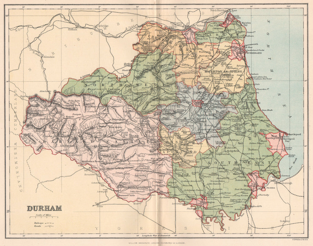 DURHAM. Antique county map 1893 old vintage plan chart
