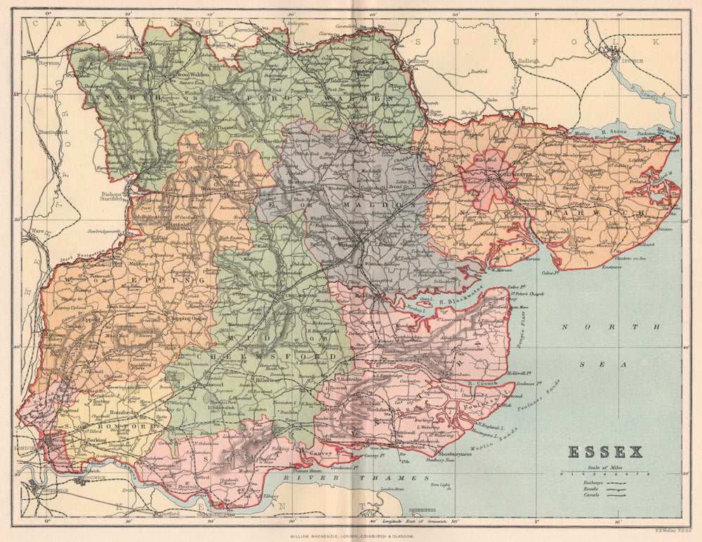 ESSEX. Antique county map 1893 old vintage plan chart