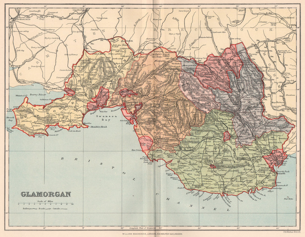 GLAMORGANSHIRE. Antique county map. Wales 1893 old plan chart
