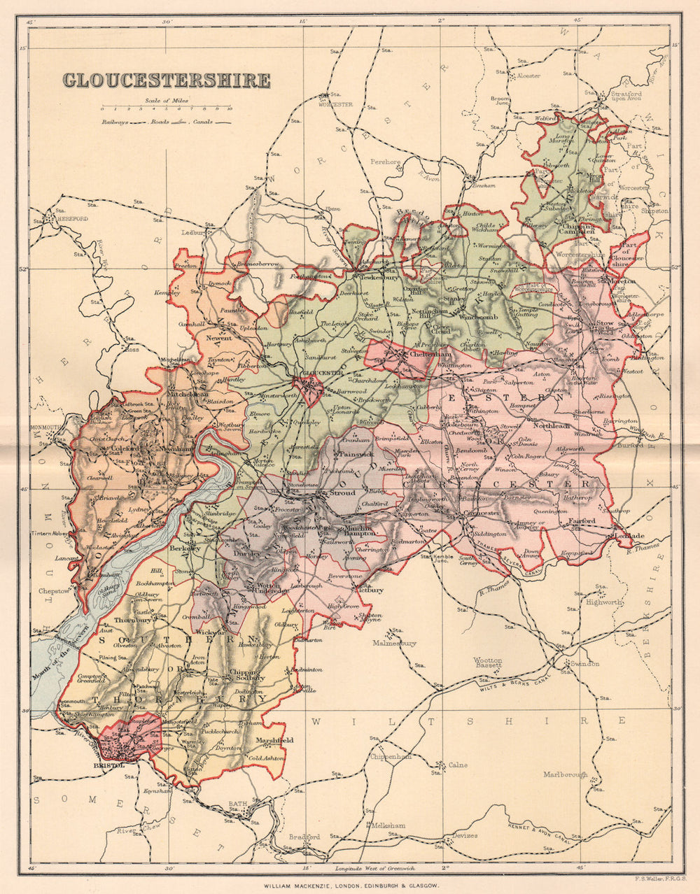 GLOUCESTERSHIRE. Antique county map 1893 old vintage plan chart