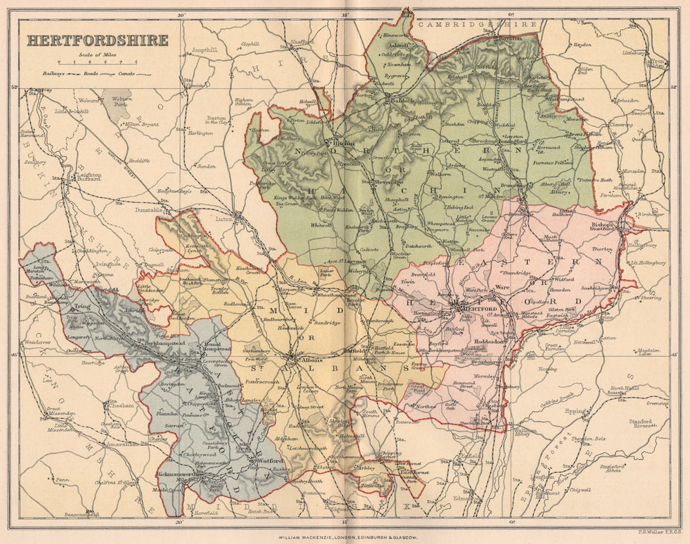 HERTFORDSHIRE. Antique county map 1893 old vintage plan chart