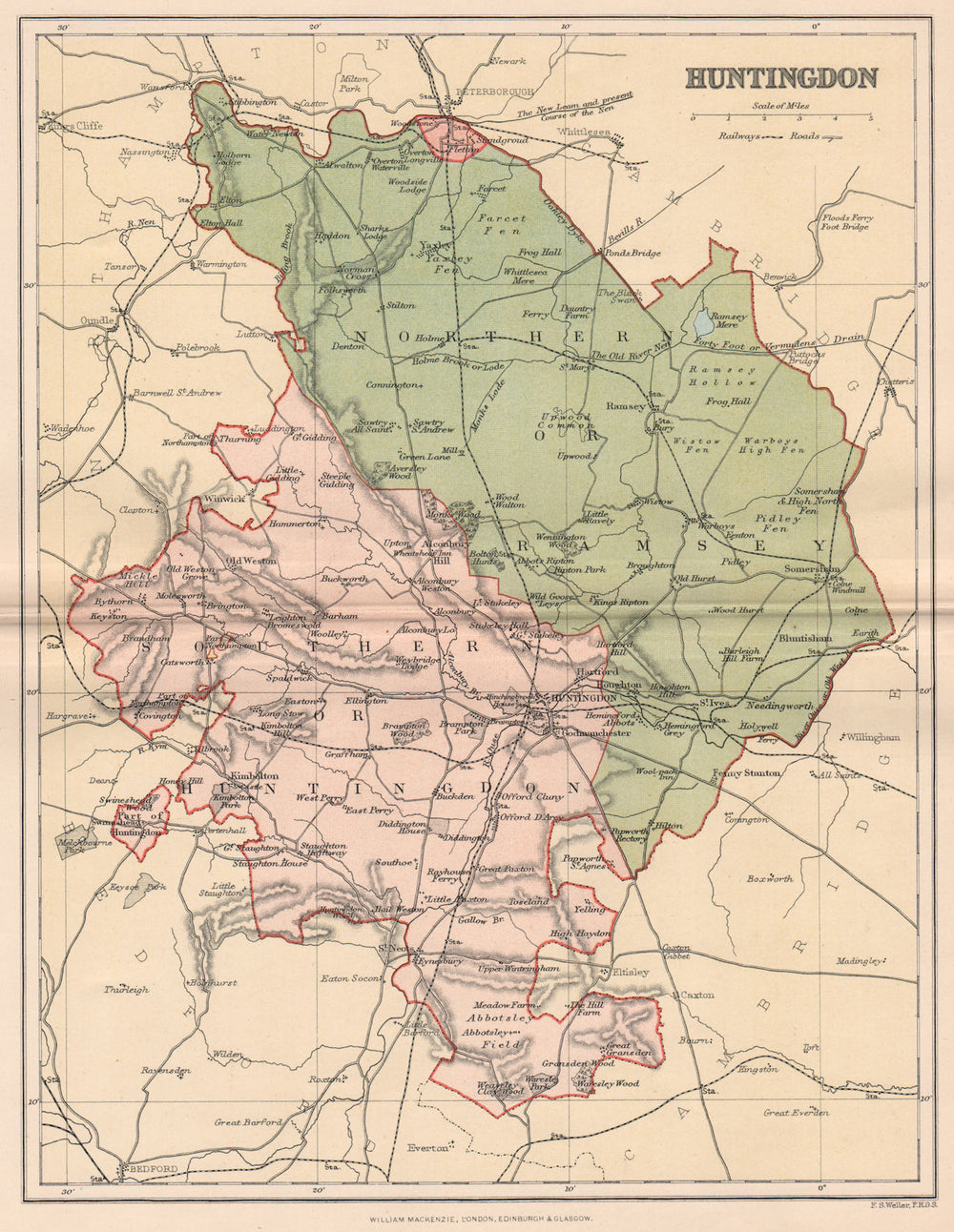 HUNTINGDONSHIRE. Antique county map 1893 old vintage plan chart