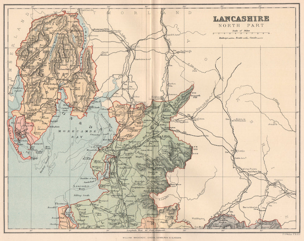 LANCASHIRE NORTH PART. Antique county map 1893 old plan chart