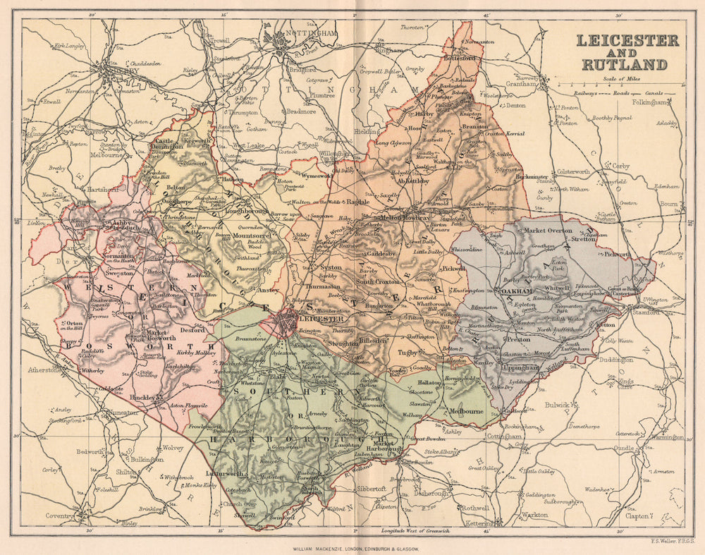 LEICESTERSHIRE AND RUTLAND. Antique county map 1893 old plan chart