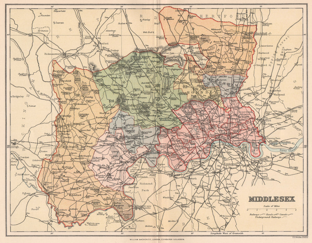 MIDDLESEX. Antique county map 1893 old vintage plan chart