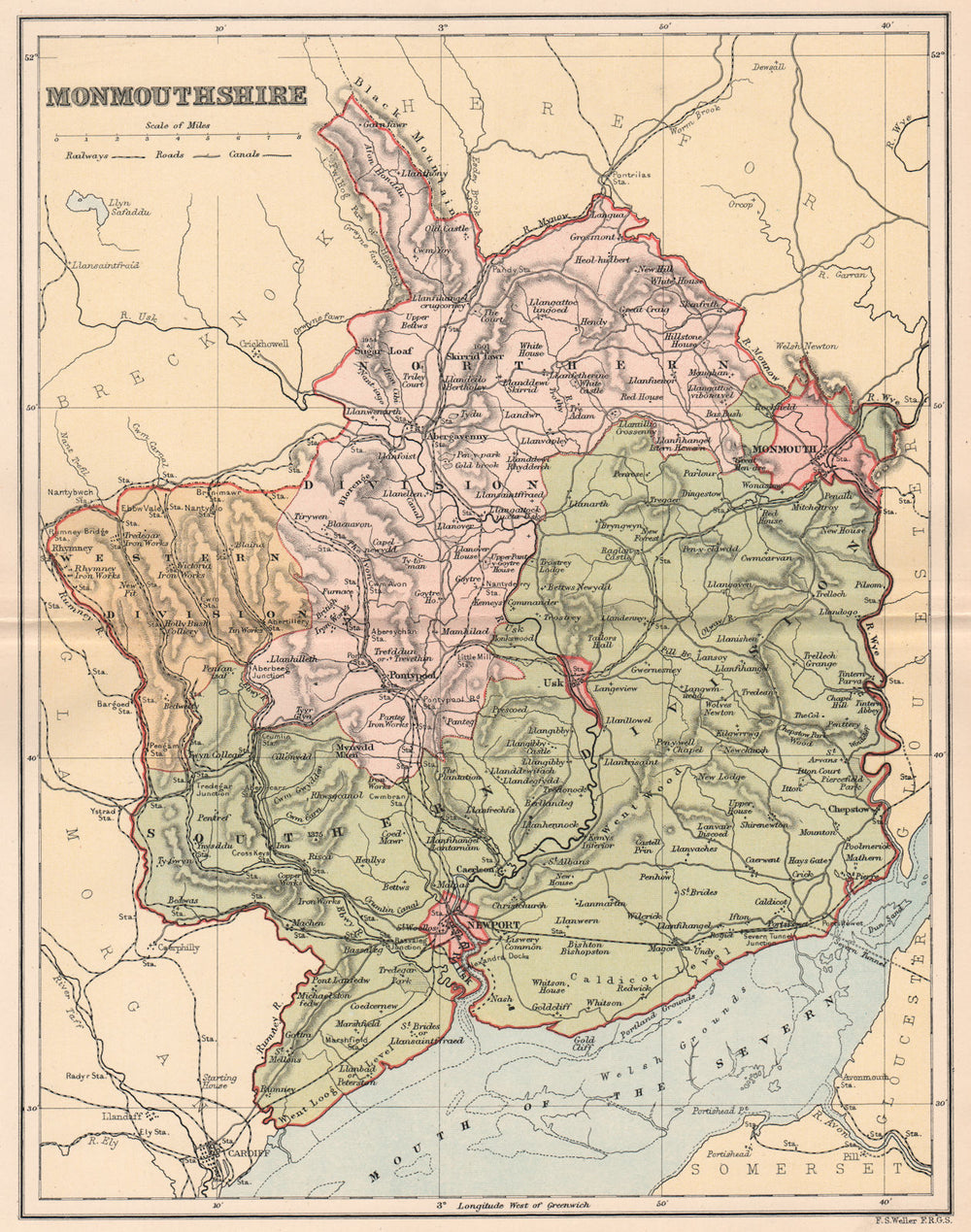 MONMOUTHSHIRE. Antique county map 1893 old vintage plan chart