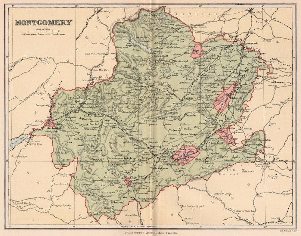 MONTGOMERYSHIRE. Antique county map. Wales 1893 old plan chart