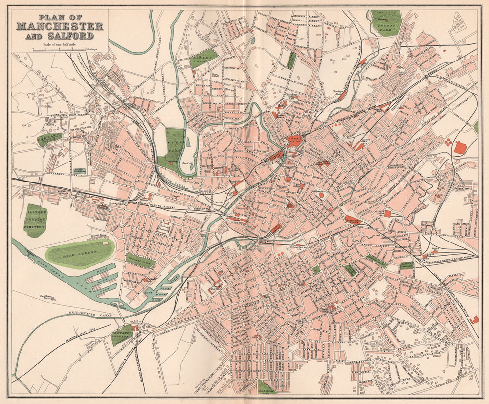 MANCHESTER AND SALFORD. Antique town/city map plan. Lancashire 1893 old