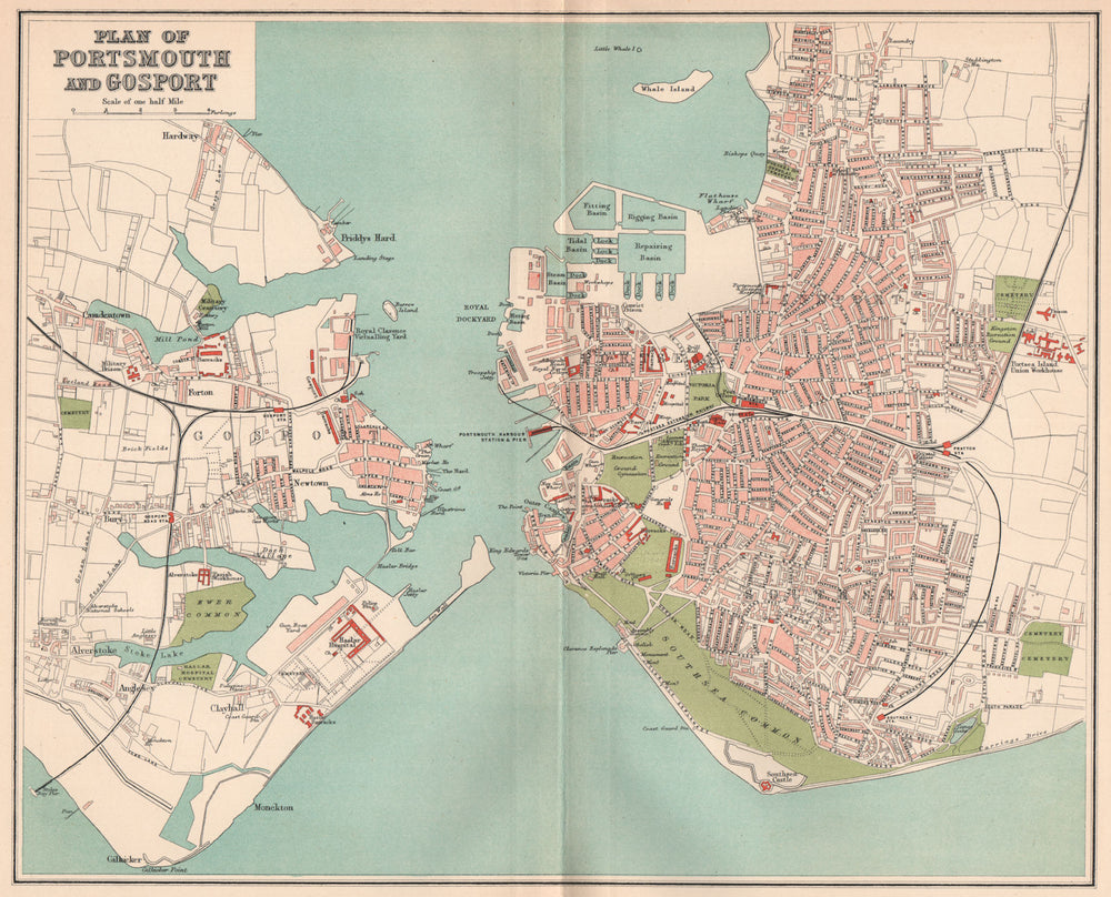 PORTSMOUTH AND GOSPORT. Antique town/city map plan. Hampshire 1893 old