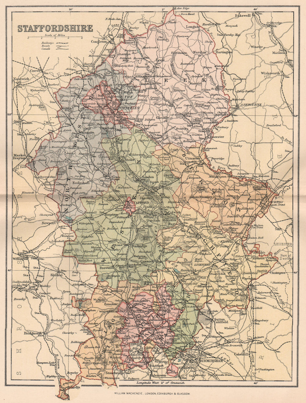 STAFFORDSHIRE. Antique county map 1893 old vintage plan chart