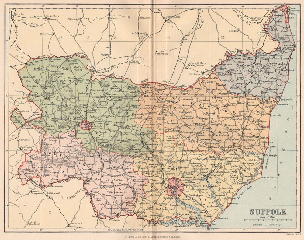 SUFFOLK. Antique county map 1893 old vintage plan chart