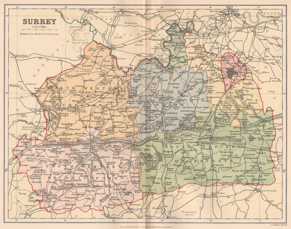SURREY. Antique county map 1893 old vintage plan chart