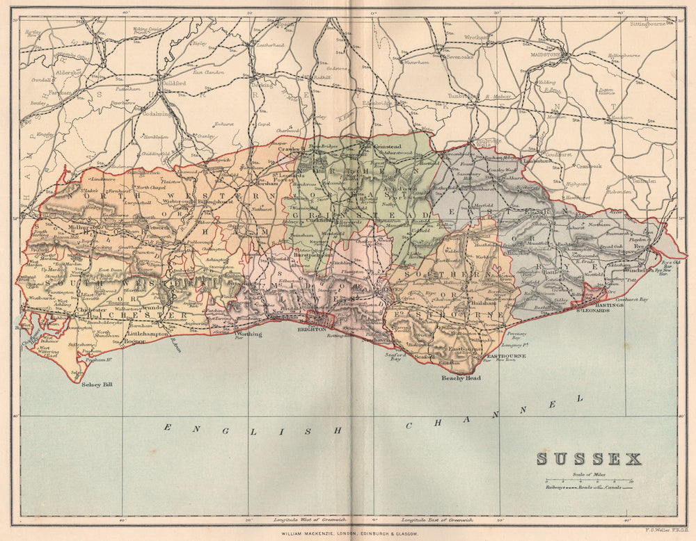 SUSSEX. Antique county map 1893 old vintage plan chart