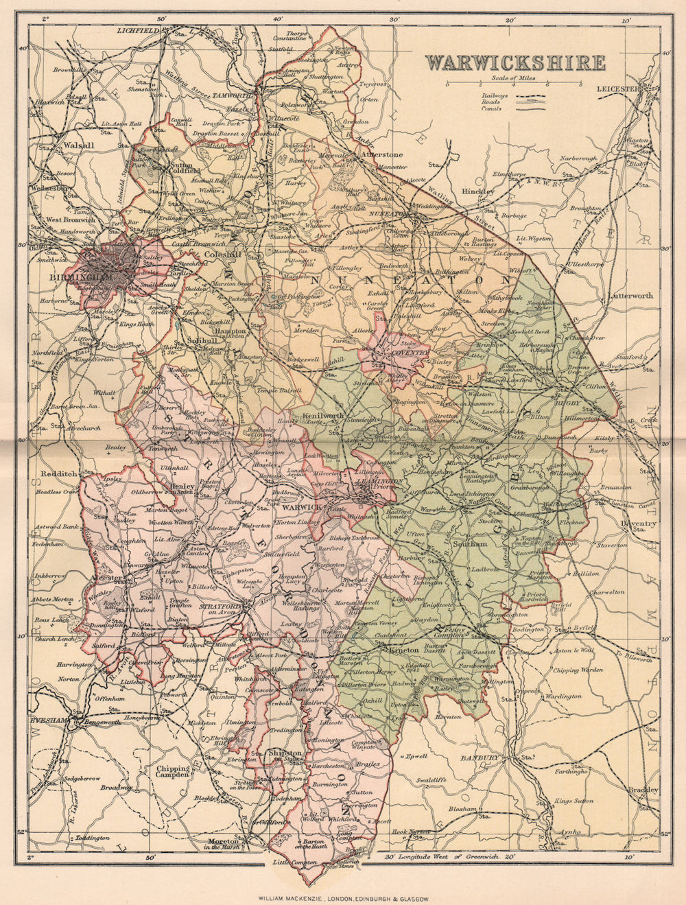 WARWICKSHIRE. Antique county map 1893 old vintage plan chart