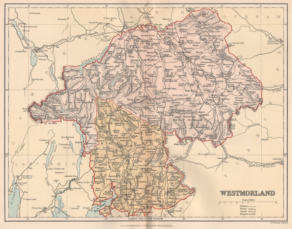 WESTMORLAND. Antique county map. Westmoreland 1893 old plan chart