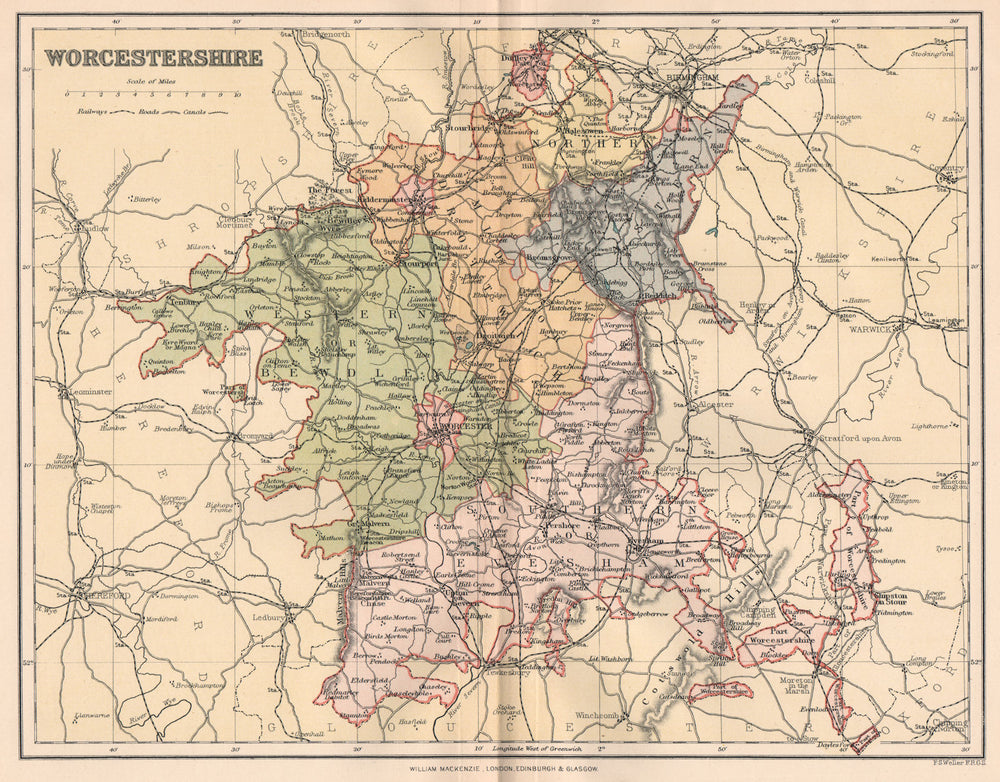 WORCESTERSHIRE. Antique county map 1893 old vintage plan chart