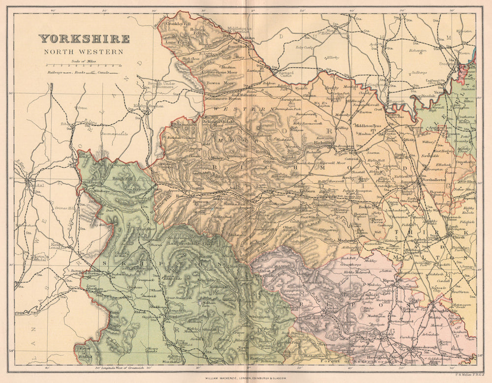 YORKSHIRE NORTH WEST. Antique county map 1893 old plan chart