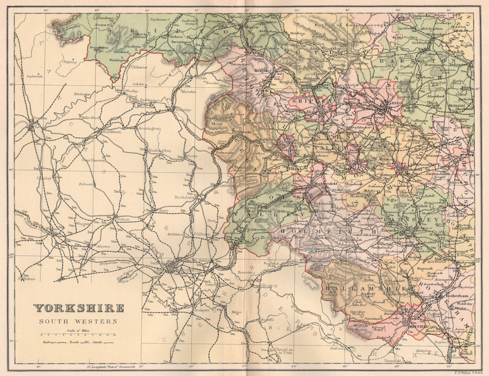 YORKSHIRE SOUTH WEST. Antique county map 1893 old plan chart
