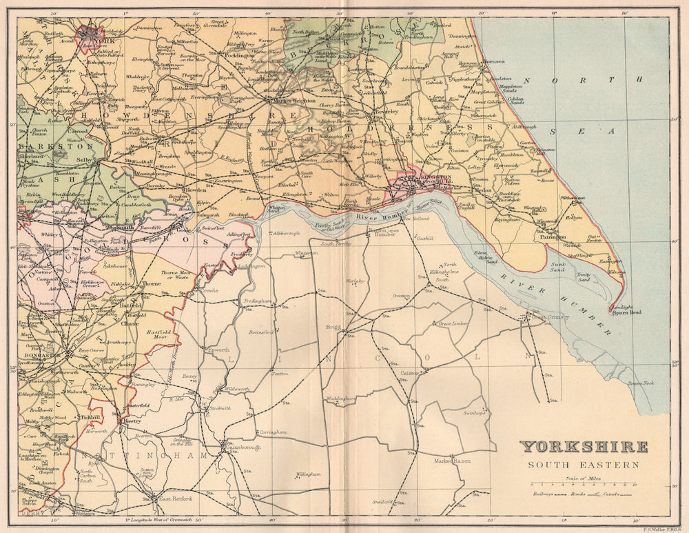YORKSHIRE SOUTH EAST. Antique county map 1893 old plan chart