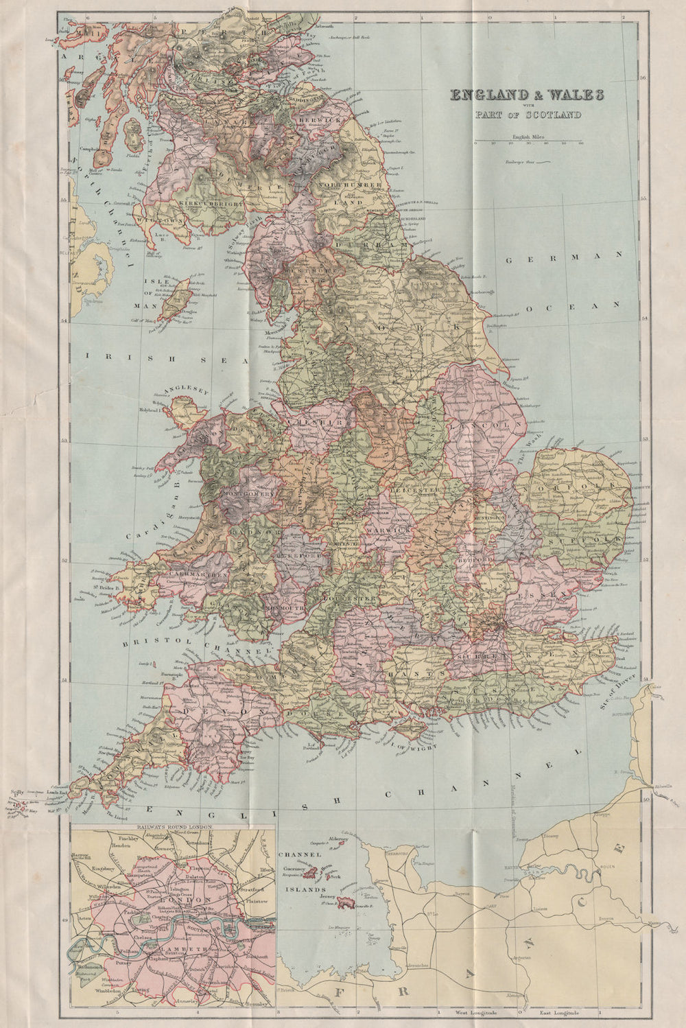 ENGLAND & WALES WITH PART OF SCOTLAND. Great Britain 1893 old antique map