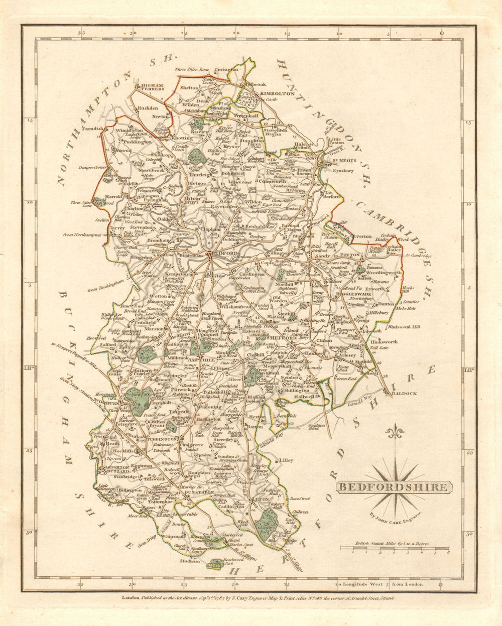Antique county map of BEDFORDSHIRE by JOHN CARY. Original outline colour 1787