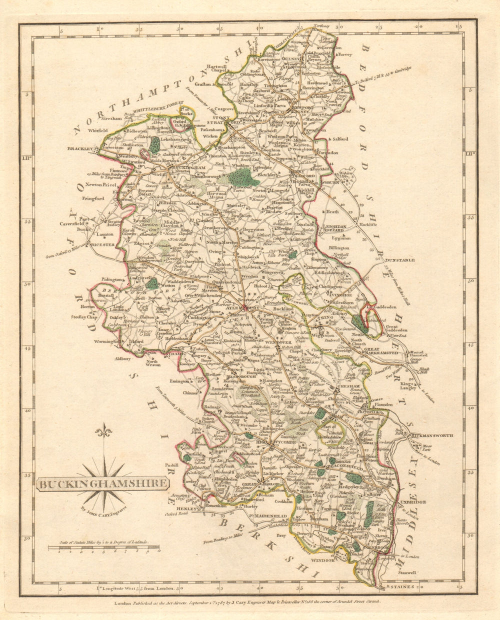 Antique county map of BUCKINGHAMSHIRE by JOHN CARY. Original outline colour 1787