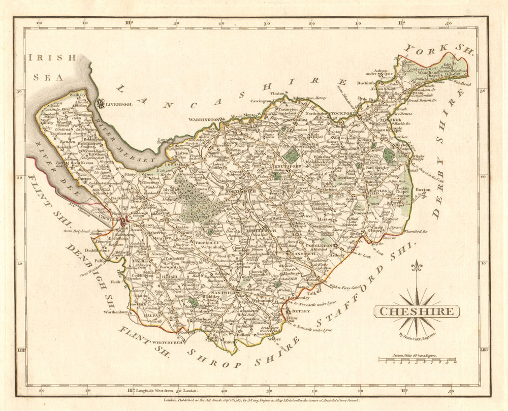 Antique county map of CHESHIRE by JOHN CARY. Original outline colour 1787
